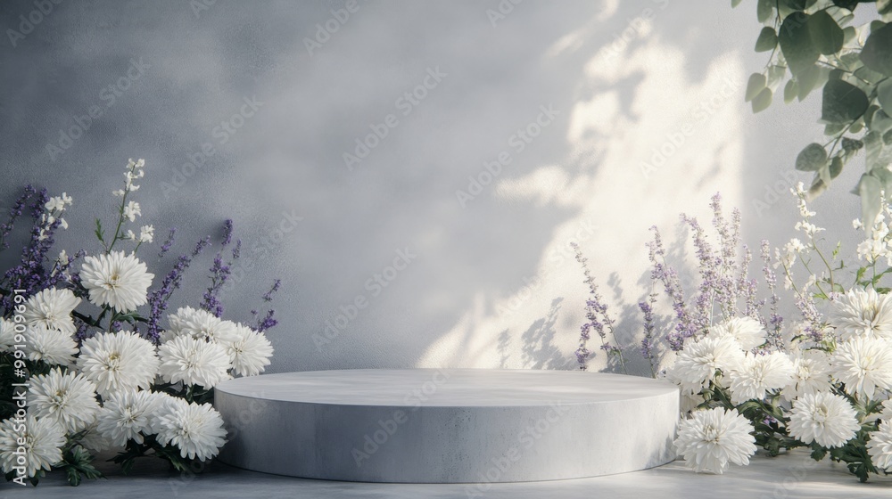 Poster a circular white pedestal sits in front of a gray wall. white flowers and leafy branches frame the p