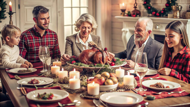 A lavish Christmas dinner table set with candles, roasted turkey, mashed potatoes, cranberry sauce, and all the trimmings. A beautifully decorated centerpiece with red and green accents, and a family 
