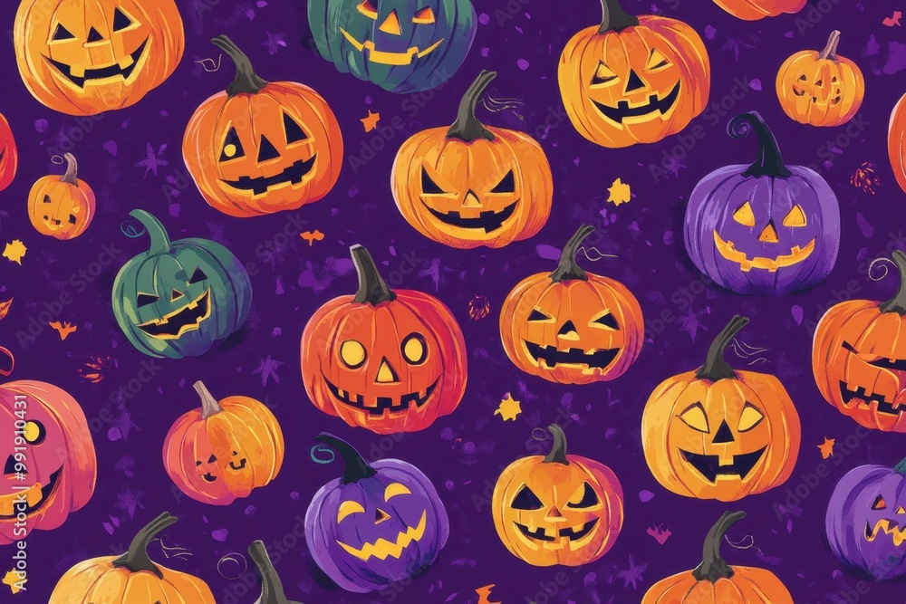Poster a vibrant purple background with colorful pumpkins and carved jack-o'-lanterns in the pattern, creat