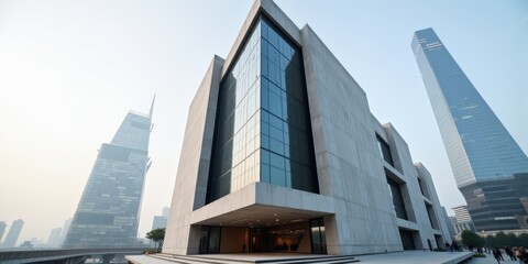 A modern architectural marvel showcasing sleek design and vibrant urban skyline, ideal for business presentations or real estate marketing.