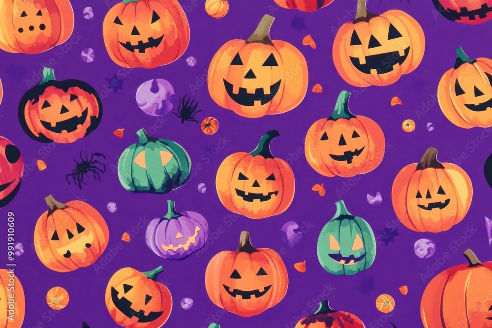 Poster a vibrant purple background with colorful pumpkins and carved jack-o'-lanterns in the pattern, creat