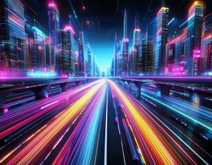 Fototapeta premium busy city highway with the bright colorful car lights streaming through out.