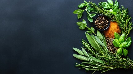 Obraz premium Fresh herbs and spices are artfully arranged on a dark stone surface, creating a vibrant backdrop ideal for culinary inspiration and recipe ideas