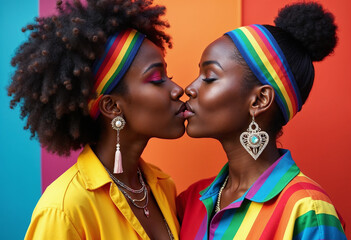Obraz premium A vibrant and affectionate scene of two young Black women embracing and kissing, both dressed in colorful rainbow-themed outfits
