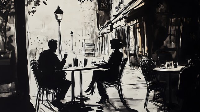Two Silhouettes Sitting at a Cafe Table in an Urban Setting