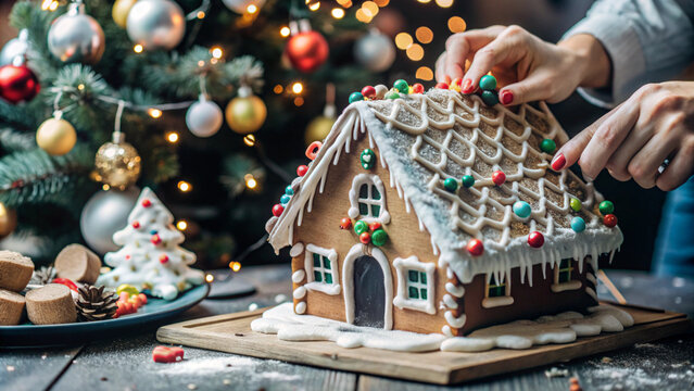A close-up of hands decorating a gingerbread house with icing, candies, and gumdrops, with a festive background of Christmas ornaments, twinkling lights, and a lit Christmas tree in the distance.