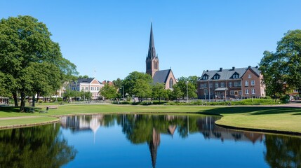 A stunning reflection of a church in a calm lake, surrounded by vibrant greenery and a clear summer sky in Finland