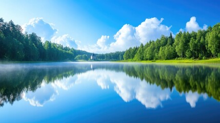 A stunning reflection of a church in a calm lake, surrounded by vibrant greenery and a clear summer sky in Finland