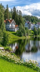 Obraz premium A stunning reflection of a church in a calm lake, surrounded by vibrant greenery and a clear summer sky in Finland