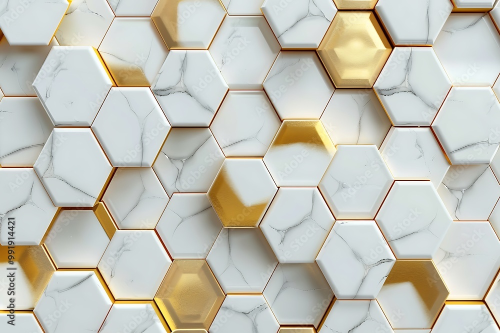 Aufkleber 3d rendering of abstract hexagon background in white and gold color