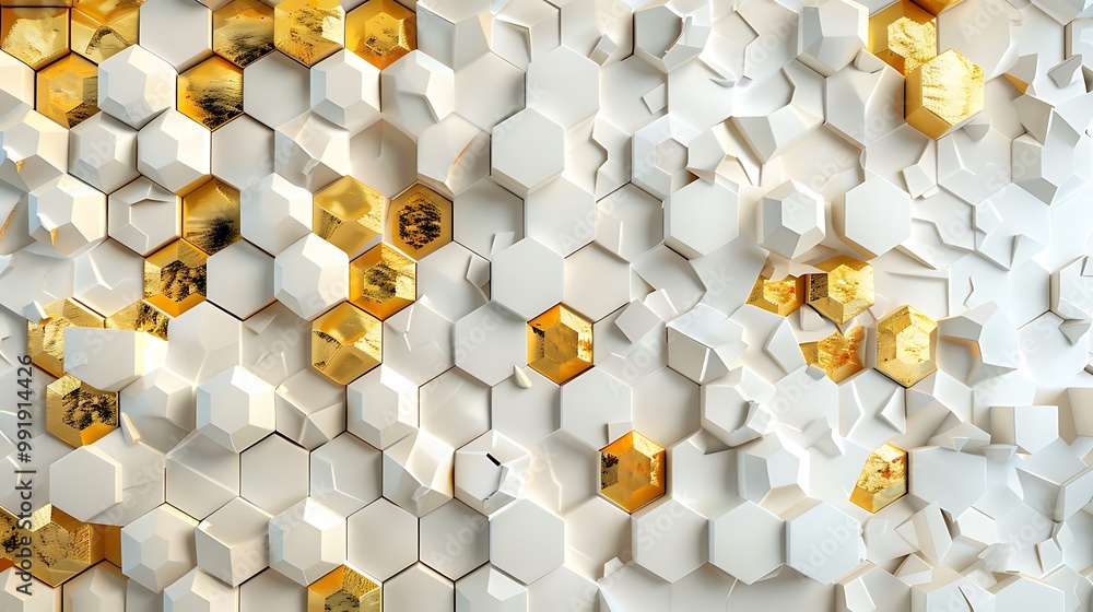 Poster 3d rendering of abstract hexagon background in white and gold color