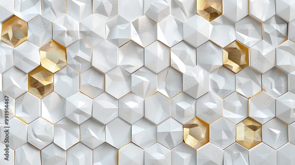 Aufkleber 3d rendering of abstract hexagon background in white and gold color