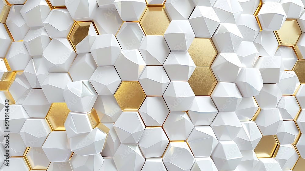 Aufkleber 3d rendering of abstract hexagon background in white and gold color