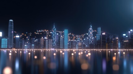 Fototapeta premium A dark blue skyline illuminated by glowing neon lights reflects on the water, highlighting digital connection lines in a smart urban environment