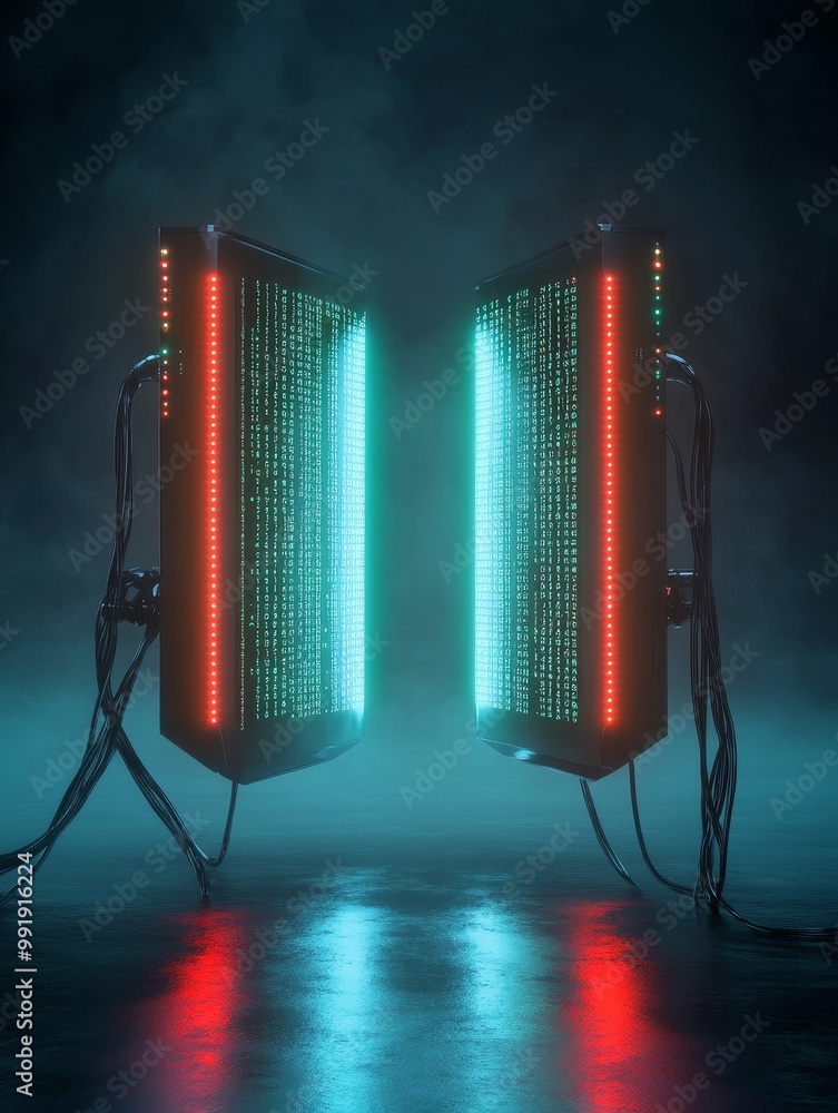 Poster futuristic servers exchange binary code in a dark, futuristic setting, illuminated by vibrant neon l