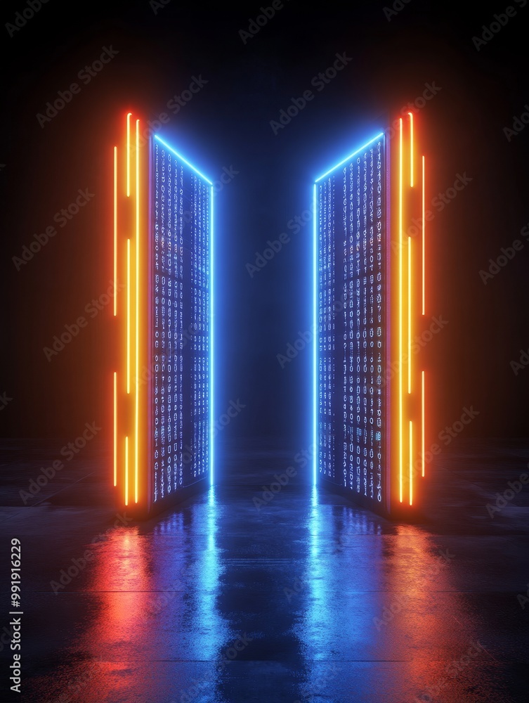 Aufkleber two servers exchange binary code through a futuristic gateway illuminated by vibrant neon lights, sy