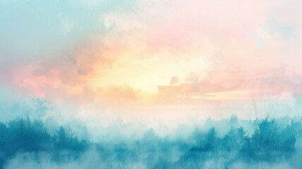 Fototapeta premium A tranquil morning sunrise over misty forests painting the sky in soft pastel hues
