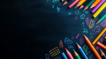 Teacher Appreciation Day design with colorful pencils arranged on a chalkboard background, symbolizing creativity, knowledge, education, inspiration, and gratitude.