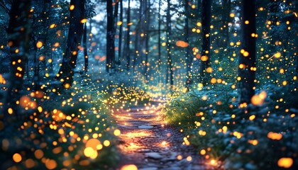 Magical Forest Path Glowing with Fireflies, Embodying Natures Beauty, Enchantment, Mystery, Serenity, and Wonder