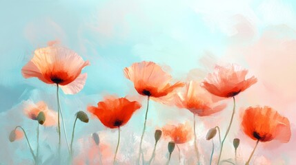 Fototapeta premium Abstract digital art depicting luminous poppy flowers against a soft pastel sky in a dreamy setting