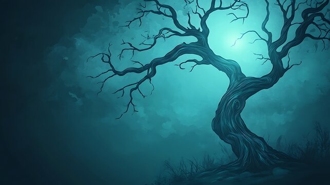 A gnarled, bare tree stands silhouetted against a moody, teal sky, with a sliver of moon peeking through the clouds.