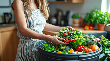 Woman throws organic food into trash bin in her kitchen