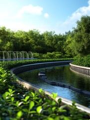Fototapeta premium Modern Wastewater Treatment Facility with Lush Greenery, showcasing sustainable design, water purification, ecological balance, and a serene environment.