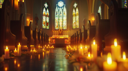 Fototapeta premium Church Aisle Illuminated with Candles and Flowers for All Saints' Day