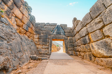 The archaeological site of Mycenae with ancient tombs, giant walls and lions gate, Peloponnese,...