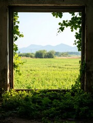 A picturesque view of a rural landscape with green fields and distant mountains seen through a window overgrown with vines, symbolizing nature's resilience, simplicity, tranquility, growth, and hope.