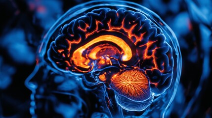 MRI scan showing the brain, highlighting areas with enhanced flow and activity in orange color, being viewed through a non-invasive scope