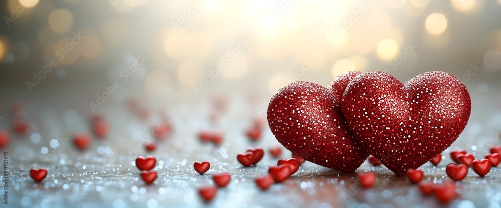Poster two red glitter hearts on a sparkly surface with bokeh lights in the background.