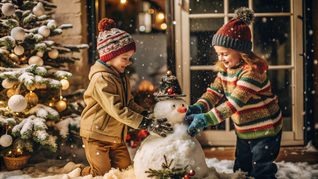 Two children dressed in colorful winter coats and hats building a snowman in a snowy yard, with a decorated Christmas tree visible through the window of their home. 