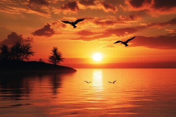 Fototapeta premium The setting sun shines on the sea, and two birds fly in front of it. The sky is a vibrant orange-red with many clouds floating above the water's surface. with generative ai