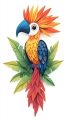 Obraz premium Colorful paper cut-out illustration of a parrot perched on leaves, whimsical concept.