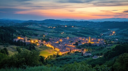 A sweeping view during dusk with bright lights from urban structures in the foreground, verdant hills in the distance,