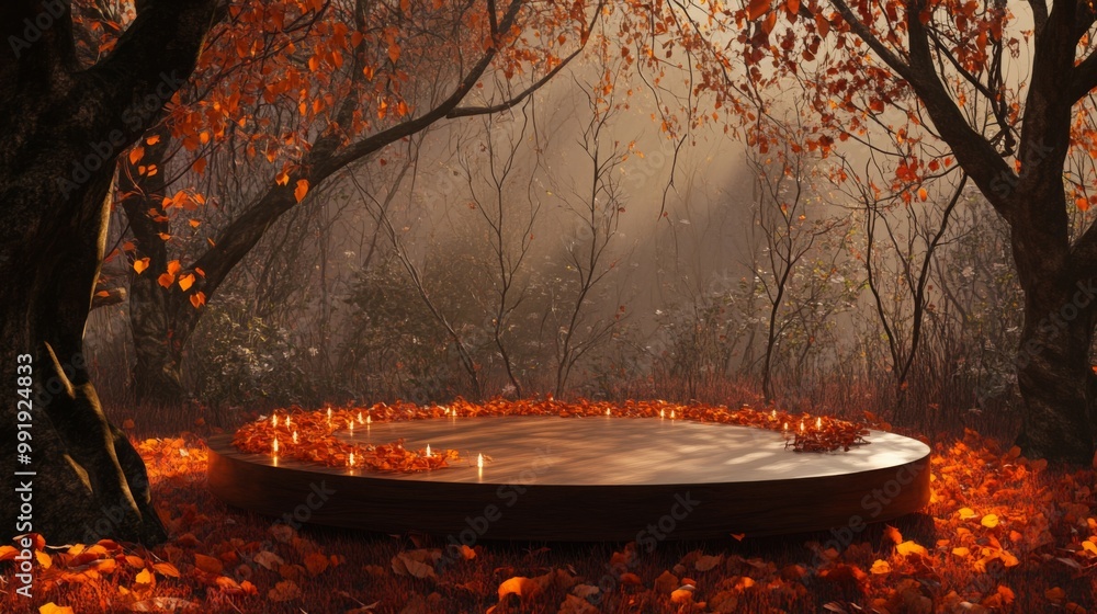 Poster in a tranquil forest at dawn, a circular platform is covered with vibrant autumn leaves