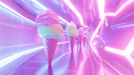 Three pink ice cream cones in a purple hallway with neon lights.