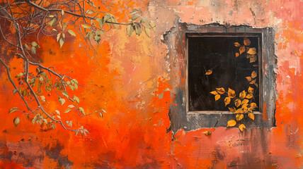 Autumn leaves dancing by the window of an aged wall in a vibrant orange hue