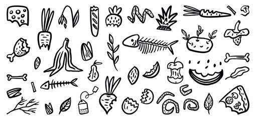 Vector collection of food waste hand-drawn in doodle style
