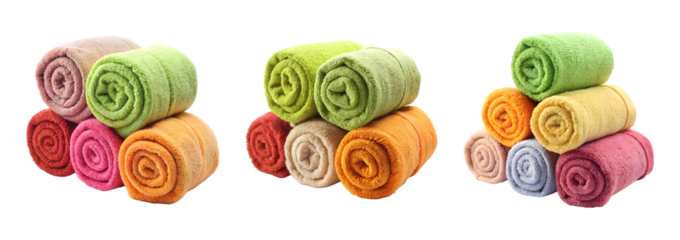 Set of Rolled colorful towels isolated on transparent background, cut out