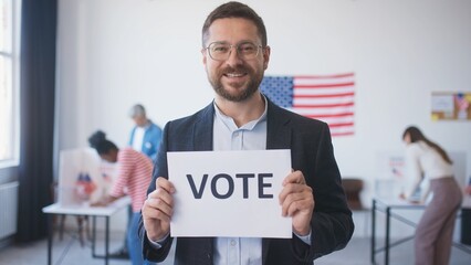 Camera focus on satisfied Caucasian man with beard and glasses. Proud citizen smiling while holding sign motivating others to vote. In blurred background ongoing voting for president.