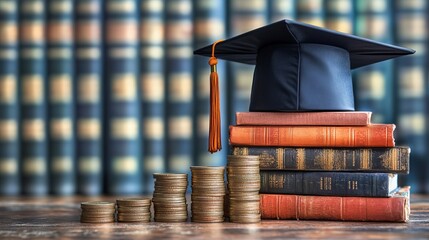 Investing in education: cost of higher education, Coins depicted with graduate cap, stack of coins with books on library background, deposit of money for future earnings potential through academic ach