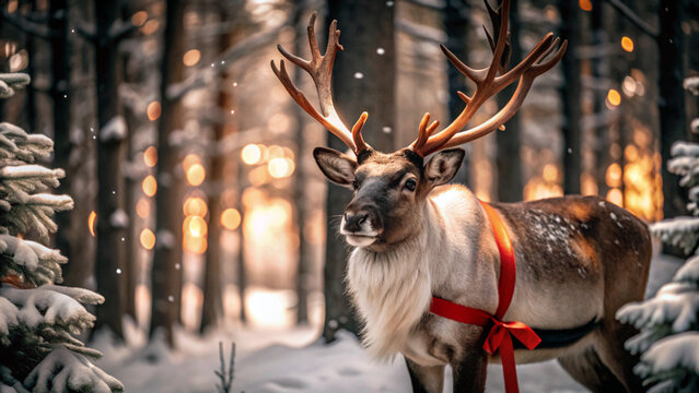 A majestic reindeer standing in a snow-covered forest, with snow-laden trees all around. The reindeer has a red ribbon tied around its neck, and soft light filters through the trees