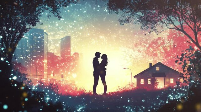 Romantic, fantastical nighttime scene with couple embracing.