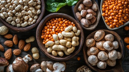A variety of different types of food in bowls, including nuts, cereal and crackers.