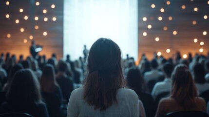 A girl stands in front of the stage where world leaders are speaking, a girl asks a question to inspire the audience, Leadership, Conference, blurred background