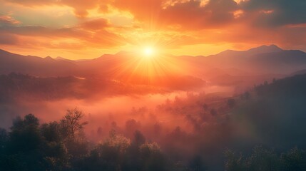 Naklejka premium Golden Sunset over Misty Mountain Forest