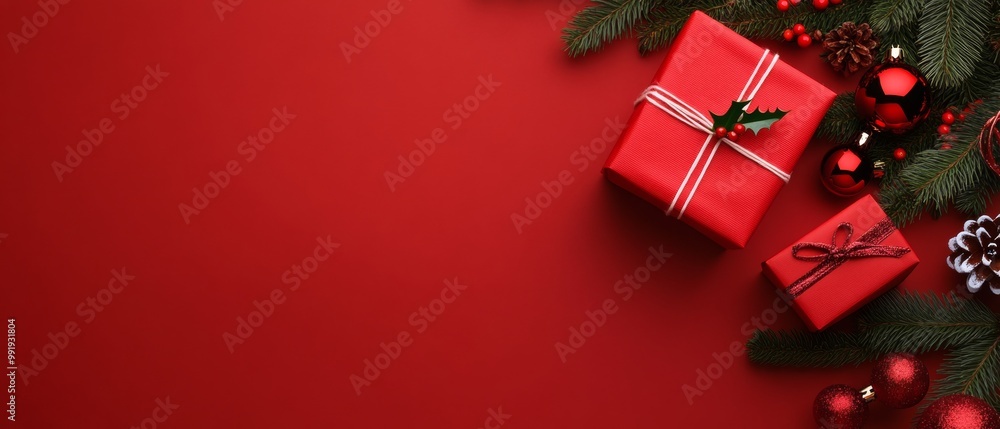 Wall mural christmas gift wrapped and new year by pine branches, flat lay top view horizontal banner web poster
