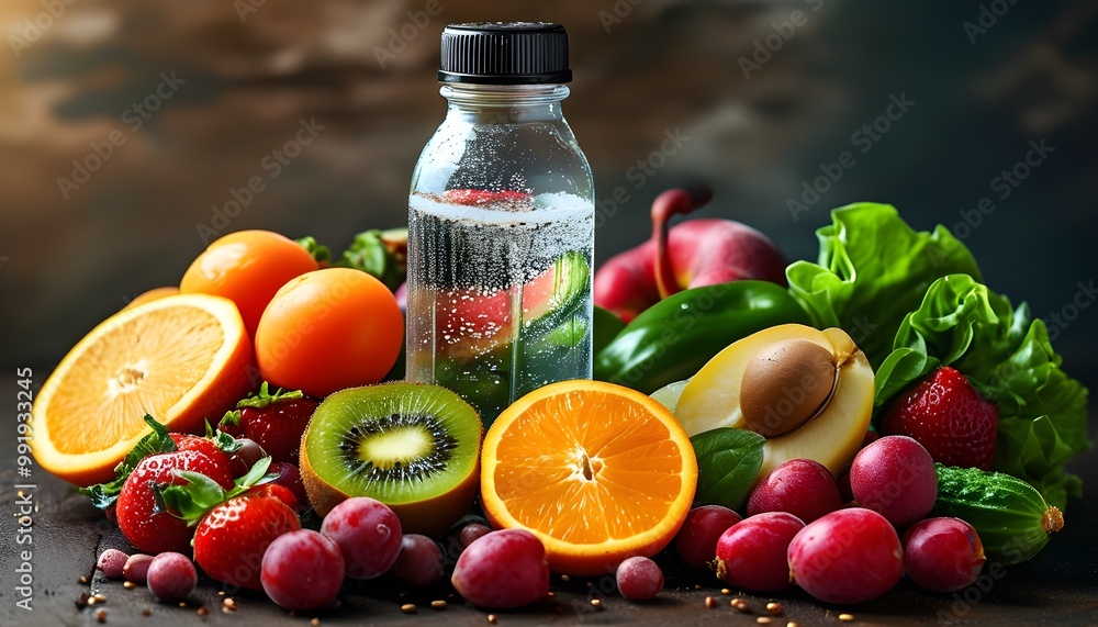 Wall mural nourishing lifestyle: colorful fruits, vegetables, and pure water for health and wellbeing